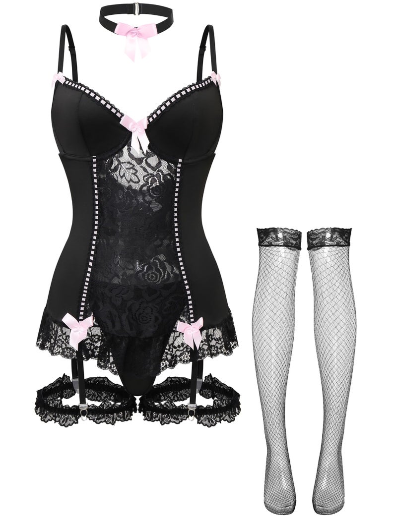 Lilosy Sexy Stocking Garter Belt Bows Floral Lace Babydoll Corset Push Up Teddy Lingerie Set with Panty Women Ruffle Boudoir Outfit Mesh Sheer Bodysuit See Through 5 Piece Black M - Image 5
