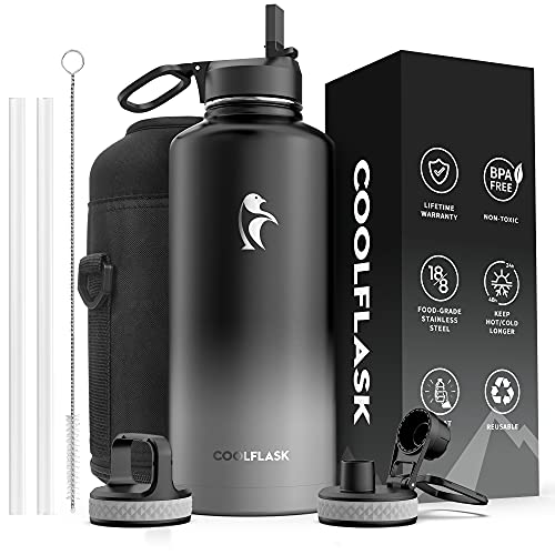 Coolflask Water Bottle 87 oz with Straw, 2/3 Gallon Insulated Stainless Steel 3 Lids Large Water Jug Wide Mouth for Sports or Office, Non-BPA Keep Cold Up to 48 Hrs or Hot Up to 24 Hrs, Piano Night - Image 1