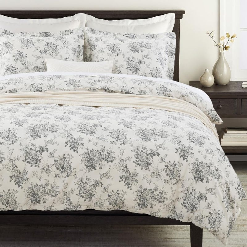 DAUAOTO California King 104"X96" Duvet Cover Set, 100% Cotton Print Bedding Cal King Bed, Toile Rose Floral Pattern, Gray - Image 1