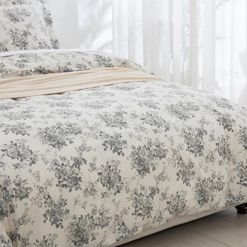 DAUAOTO California King 104"X96" Duvet Cover Set, 100% Cotton Print Bedding Cal King Bed, Toile Rose Floral Pattern, Gray - Image 3