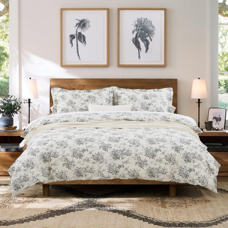 DAUAOTO California King 104"X96" Duvet Cover Set, 100% Cotton Print Bedding Cal King Bed, Toile Rose Floral Pattern, Gray - Image 5