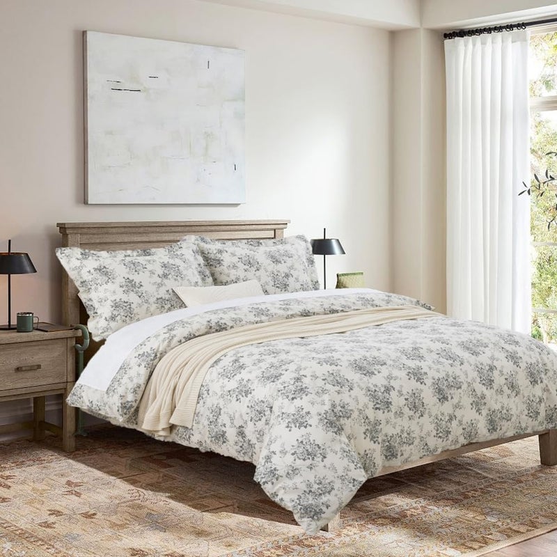 DAUAOTO California King 104"X96" Duvet Cover Set, 100% Cotton Print Bedding Cal King Bed, Toile Rose Floral Pattern, Gray - Image 4