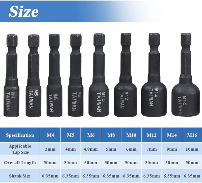 Eyech مجموعة مفاتيح صمولة ماكينة 8 قطع 14 بوصة بمقبض سداسي من الفولاذ السبيكي لمفك الهواء محول صمولة سائق خيط محول M4M5M6M8M10M12M14M16 لأعمال اليد DIY وإصلاح السيارات - Image 2