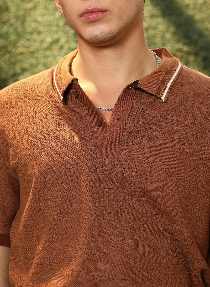 CAHOOT  Men's Russet Brown Tactile-Knitted Polo T-Shirt for Men | Best Price UAE