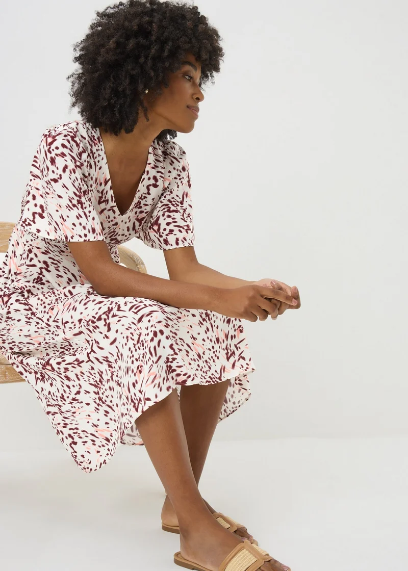 ماتلان Burgundy Spot Print V Neck Midi Dress