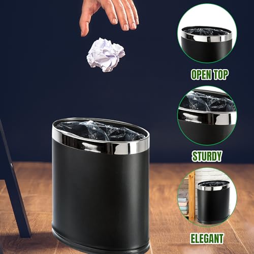 Brelso 'Invisi-Overlap' Metal Trash Can, Open Top Small Office Wastebasket, Oval Shape (Black) - Image 4