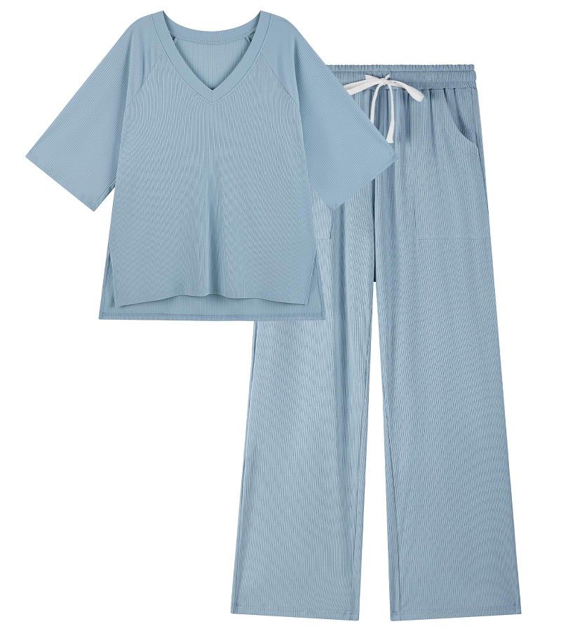 difficort Womens 2 Piece Outfits Raglan Short Sleeve Lounge Sets Wide Leg Sets Lounge with Pockets,Haze Blue,Large - Image 1