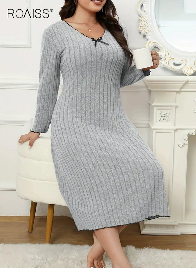 roaiss Plus Size Women's Elegant Grey V-Neck Nightgown Long Sleeve with Bow Detail, A-Line Skirt with Black Ears, Soft Fabric for Sleepwear and Loungewear, Comfortable Home Wear - Image 1