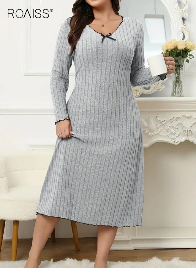 roaiss Plus Size Women's Elegant Grey V-Neck Nightgown Long Sleeve with Bow Detail, A-Line Skirt with Black Ears, Soft Fabric for Sleepwear and Loungewear, Comfortable Home Wear - Image 4