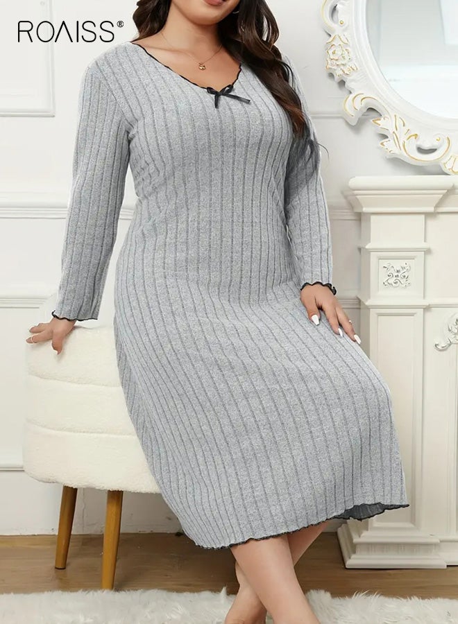 roaiss Plus Size Women's Elegant Grey V-Neck Nightgown Long Sleeve with Bow Detail, A-Line Skirt with Black Ears, Soft Fabric for Sleepwear and Loungewear, Comfortable Home Wear - Image 3