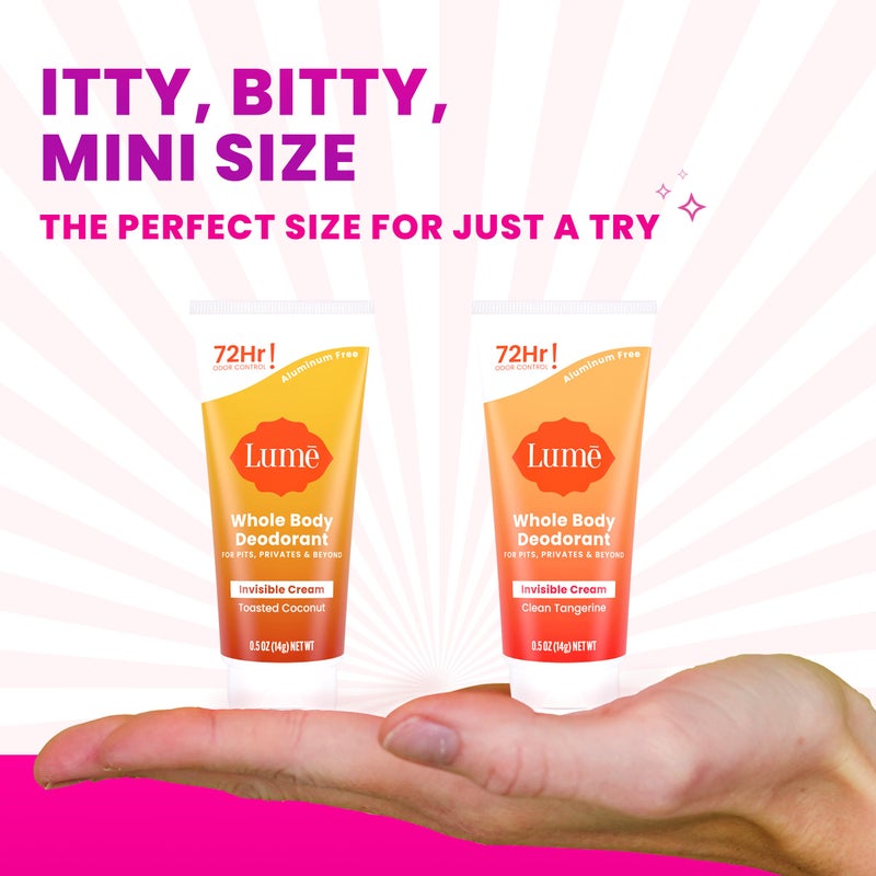 Lume Whole Body Deodorant - Mini Travel Size Invisible Cream Tube - Trial Size - 72 Hour Odor Control - Doctor Developed - Aluminum & Baking Soda Free - .5oz (2 Pk) (Toasted Coconut & Clean Tangerine) - Image 2