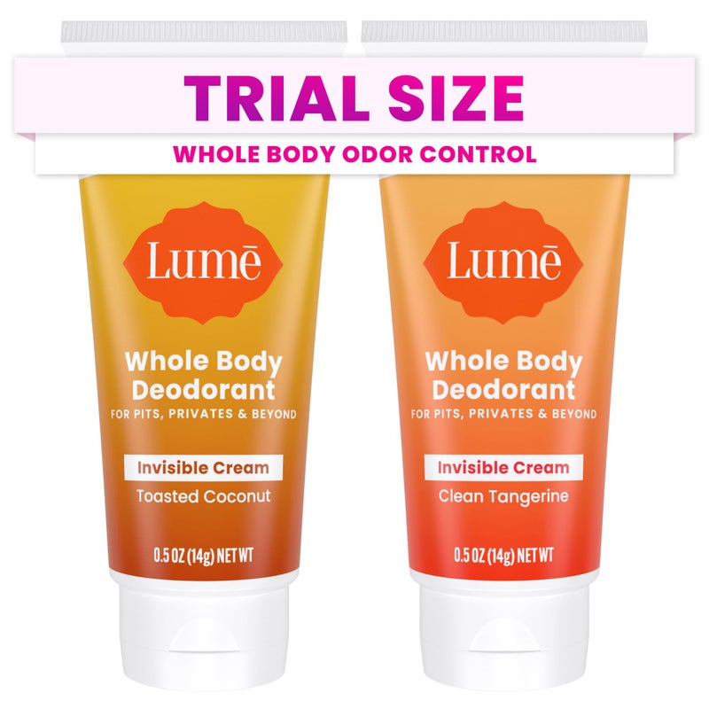 Lume Whole Body Deodorant - Mini Travel Size Invisible Cream Tube - Trial Size - 72 Hour Odor Control - Doctor Developed - Aluminum & Baking Soda Free - .5oz (2 Pk) (Toasted Coconut & Clean Tangerine) - Image 1