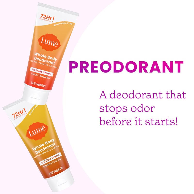 Lume Whole Body Deodorant - Mini Travel Size Invisible Cream Tube - Trial Size - 72 Hour Odor Control - Doctor Developed - Aluminum & Baking Soda Free - .5oz (2 Pk) (Toasted Coconut & Clean Tangerine) - Image 4