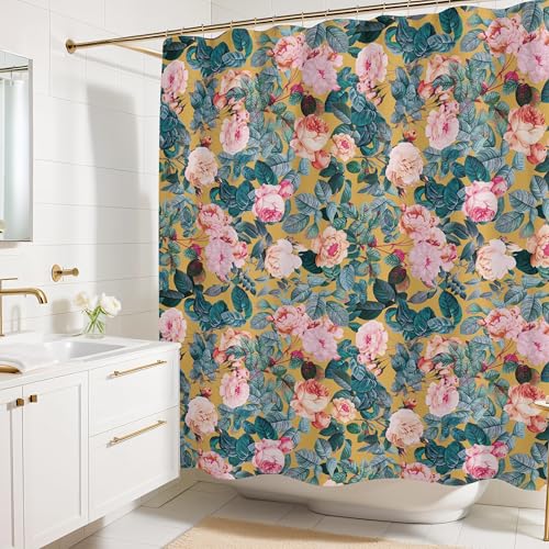 Worthwhile Goods Yellow Pink Peonies Floral Print Shower Curtain - Pretty Flower Pattern - Modern Colorful Classic Design - Vintage Style Cool Fabric Shower Curtain For Any Bathroom - 72x72 Inches (Yellow Floral) - Image 1