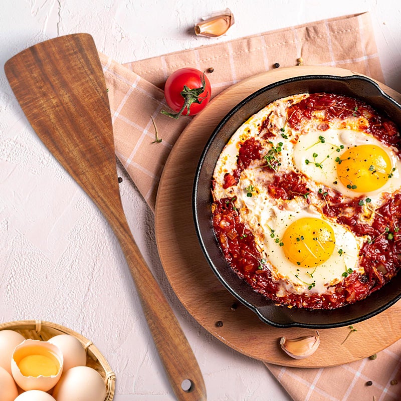Jillahla جيلا هلا ملعقة خشبية طويلة مقبض مقبض أكاسيا الخشب مسطح ووك ملعقة لأدوات الطهي غير اللاصقة وطهي المطبخ - Image 5