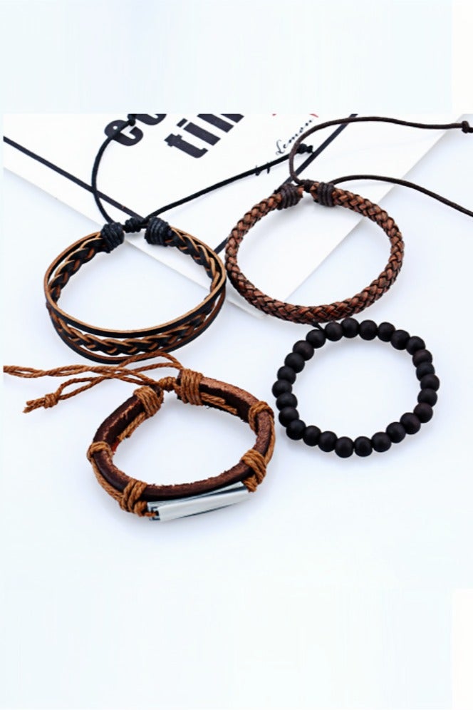 Hand-Woven Adjustable Men's Bracelet 4-Piece Set | Premium Leather + Wax Thread + Alloy Clasp | DIY Customizable | Birthday/Eid Gift | Brown Stylish Accessories - Image 2