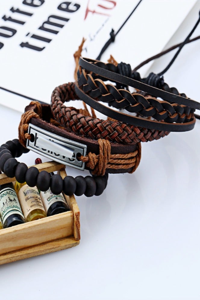 Hand-Woven Adjustable Men's Bracelet 4-Piece Set | Premium Leather + Wax Thread + Alloy Clasp | DIY Customizable | Birthday/Eid Gift | Brown Stylish Accessories - Image 3