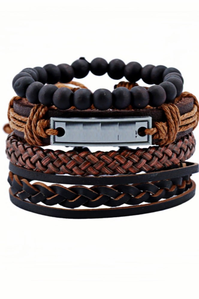 Hand-Woven Adjustable Men's Bracelet 4-Piece Set | Premium Leather + Wax Thread + Alloy Clasp | DIY Customizable | Birthday/Eid Gift | Brown Stylish Accessories - Image 4