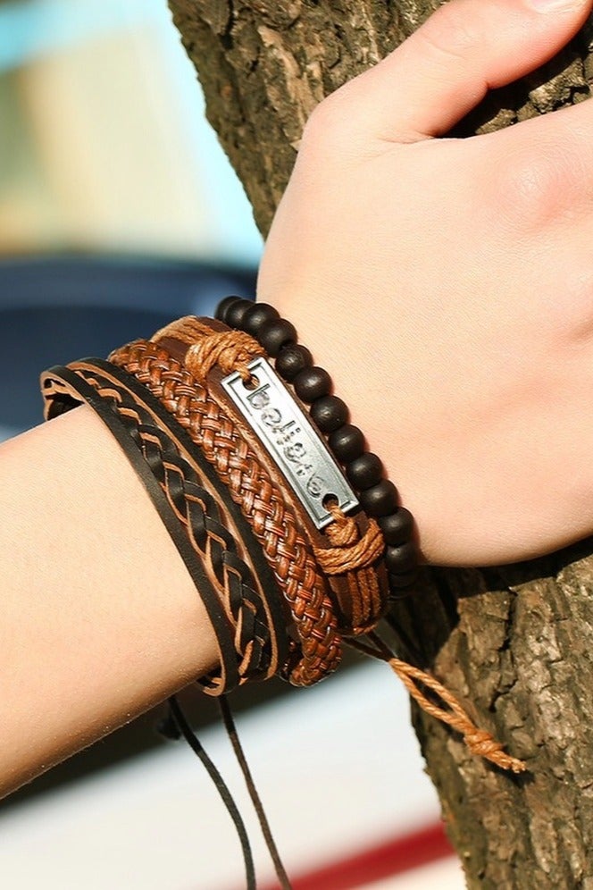 Hand-Woven Adjustable Men's Bracelet 4-Piece Set | Premium Leather + Wax Thread + Alloy Clasp | DIY Customizable | Birthday/Eid Gift | Brown Stylish Accessories - Image 1