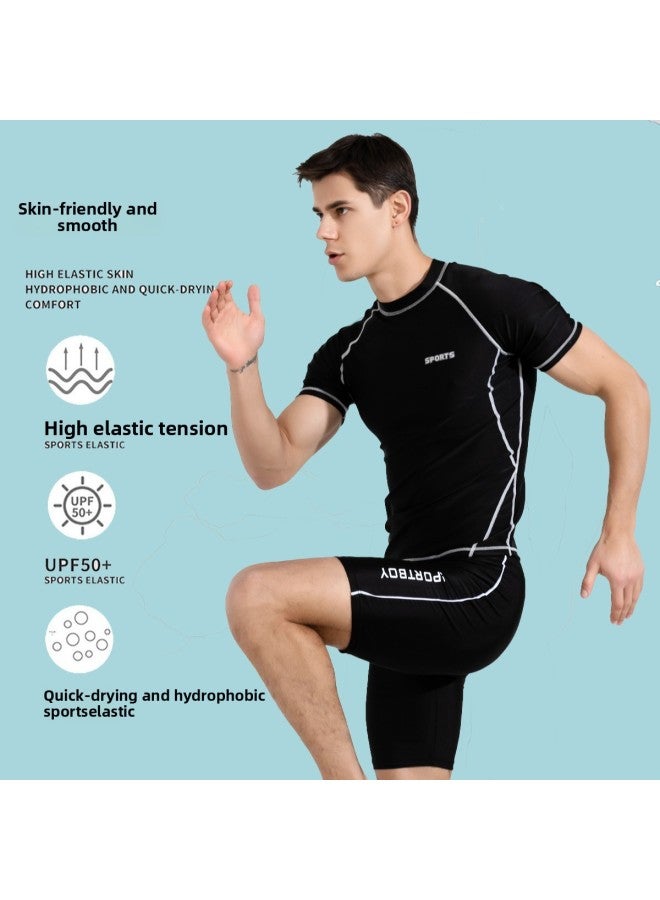 Loquat Men's Line Swimsuit 2023 Anti-embarrassment Hot Spring Five-point Swimming Trunks Professional Swimsuit Set Swimsuit-Color:White Line Jacket + Trim Swimming Trunks- - Image 2