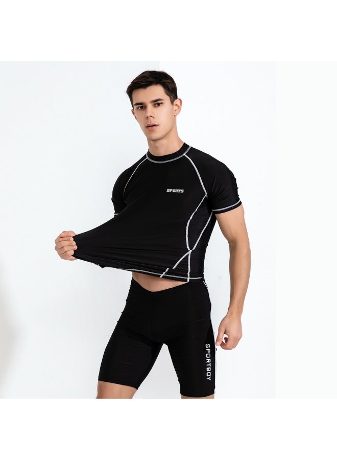 Loquat Men's Line Swimsuit 2023 Anti-embarrassment Hot Spring Five-point Swimming Trunks Professional Swimsuit Set Swimsuit-Color:White Line Jacket + Trim Swimming Trunks- - Image 4