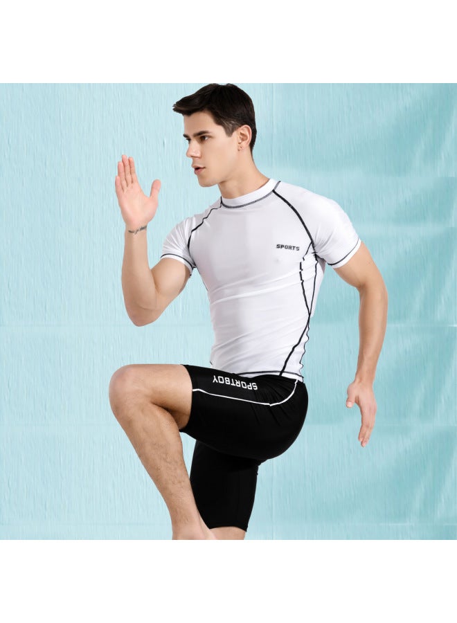 Loquat Men's Line Swimsuit 2023 Anti-embarrassment Hot Spring Five-point Swimming Trunks Professional Swimsuit Set Swimsuit-Color:White Line Jacket + Trim Swimming Trunks- - Image 1