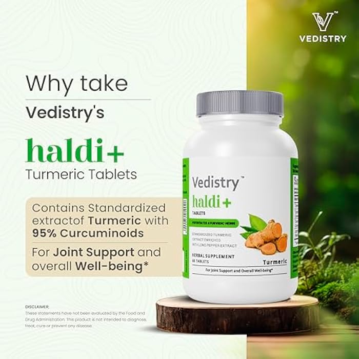 Vedistry Turmeric Tablets with Curcumin & Long Pepper for Enhanced Benefits and Absorption, Herbal Curcumin Supplement for Joint Support & Immune System Support, Vegan Haldi Tablets- 60 Tablets - Image 3
