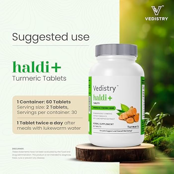 Vedistry Turmeric Tablets with Curcumin & Long Pepper for Enhanced Benefits and Absorption, Herbal Curcumin Supplement for Joint Support & Immune System Support, Vegan Haldi Tablets- 60 Tablets - Image 5