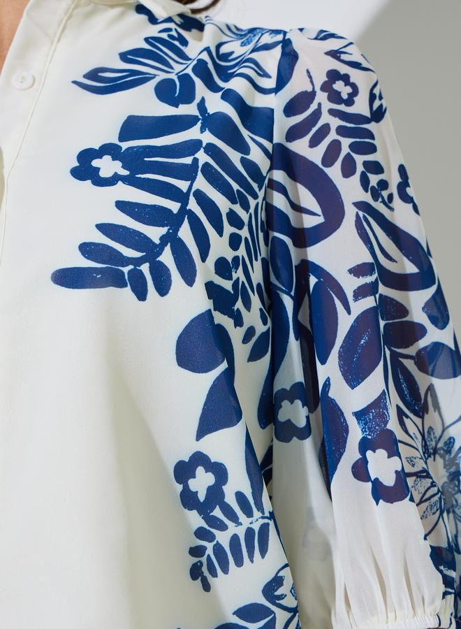 Styli Navy Blue Border Placement Print Floral Shirt - Image 3