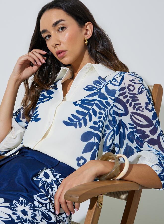 Styli Navy Blue Border Placement Print Floral Shirt - Image 1