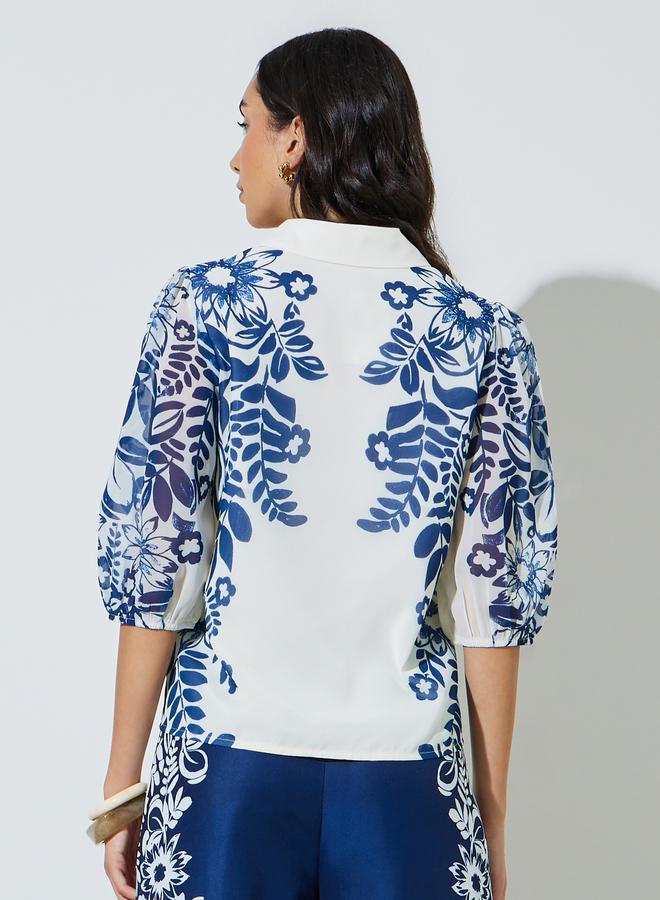 Styli Navy Blue Border Placement Print Floral Shirt - Image 4