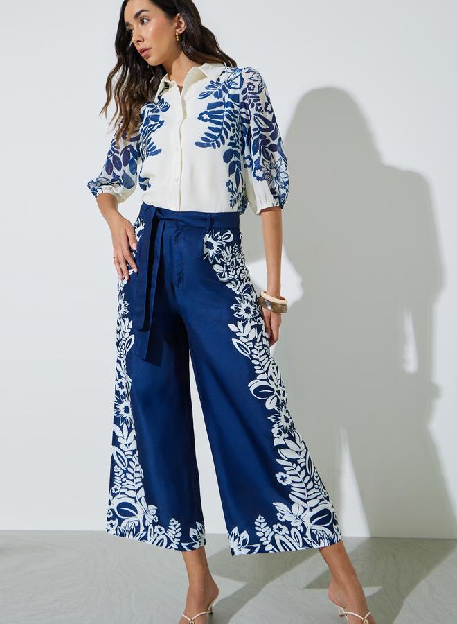 Styli Navy Blue Border Placement Print Floral Shirt - Image 2