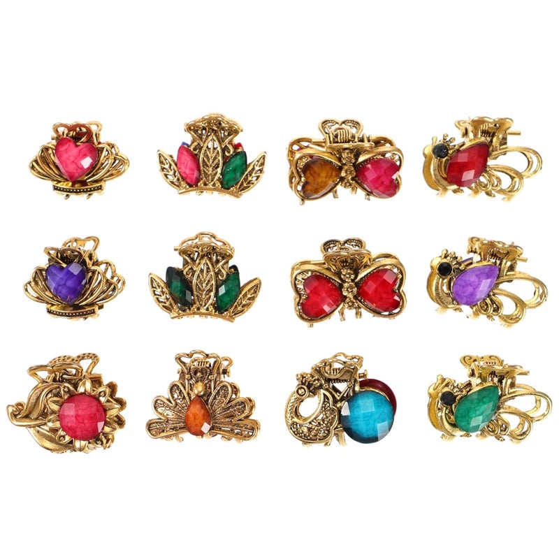 SOLUSTRE Small Metal Claw Clips With Rhinestone Crystal  Vintage Jaw Clips for Daily Use 12Pcs Random Colors