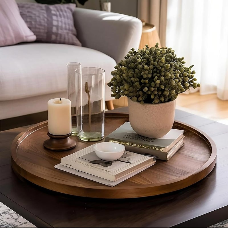 FLIPSSHOPPEE Round Decorative Tray Rustic Wooden Coffee Table Trays Home Decor Farmhouse Centerpiece Serving Trays for Food Drinks Ottoman Kitchen Countertop Set of 1 - Image 1