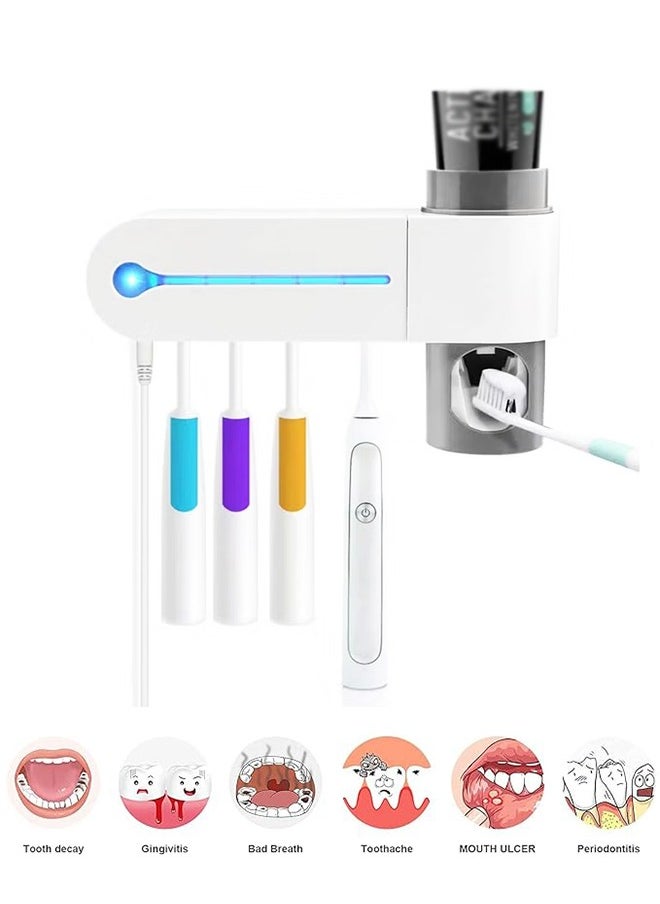AOLION - UV Toothbrush Sanitizer Automatic Toothpaste Squeezer European Standard Charging Toothbrush Sanitizer Holder 3M Detachable Backplate Toothbrush Sterilizer for Bathrooms (White/Grey) - Image 1