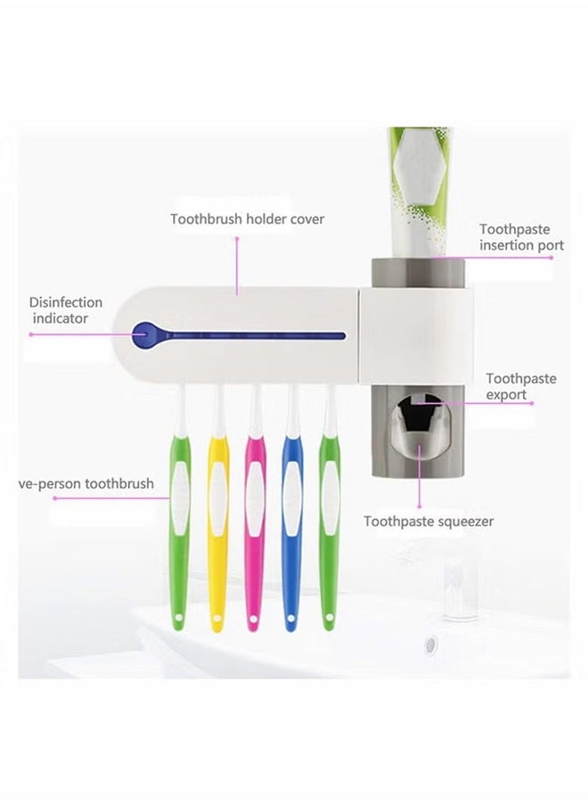 AOLION - UV Toothbrush Sanitizer Automatic Toothpaste Squeezer European Standard Charging Toothbrush Sanitizer Holder 3M Detachable Backplate Toothbrush Sterilizer for Bathrooms (White/Grey) - Image 1