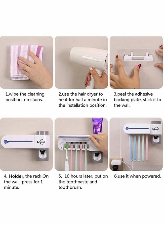 AOLION - UV Toothbrush Sanitizer Automatic Toothpaste Squeezer European Standard Charging Toothbrush Sanitizer Holder 3M Detachable Backplate Toothbrush Sterilizer for Bathrooms (White/Grey) - Image 1
