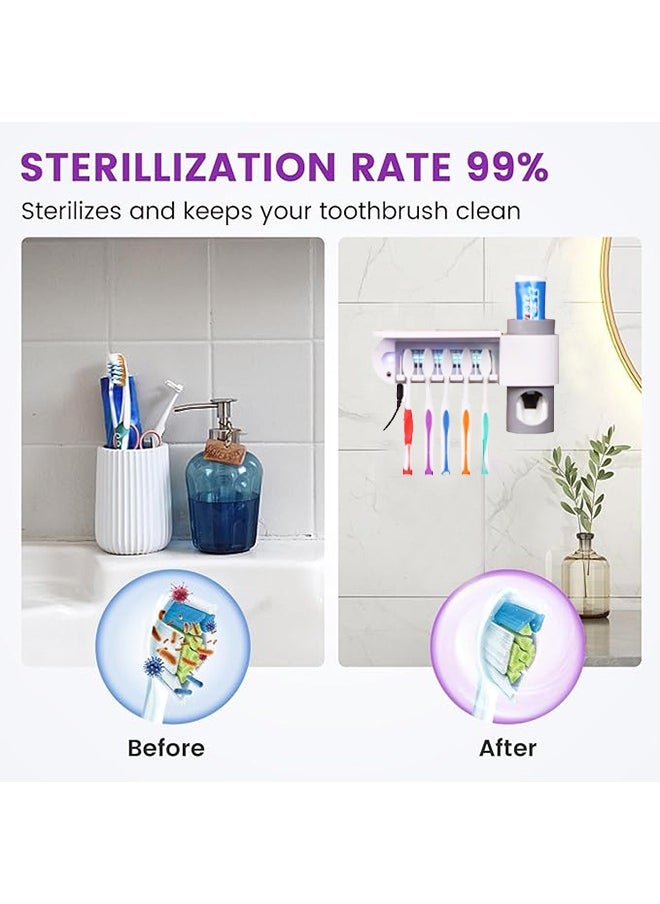 AOLION - UV Toothbrush Sanitizer Automatic Toothpaste Squeezer European Standard Charging Toothbrush Sanitizer Holder 3M Detachable Backplate Toothbrush Sterilizer for Bathrooms (White/Grey) - Image 1