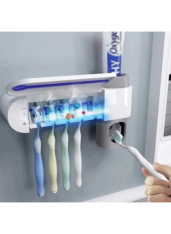 AOLION - UV Toothbrush Sanitizer Automatic Toothpaste Squeezer European Standard Charging Toothbrush Sanitizer Holder 3M Detachable Backplate Toothbrush Sterilizer for Bathrooms (White/Grey) - Image 1