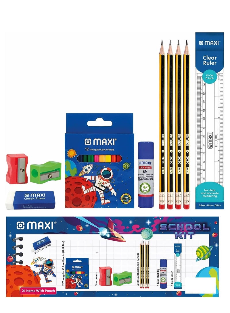 Maxi مجموعة أدوات مكتبية مدرسية أساسية مكونة من 21 قطعة متعددة الألوان - Image 1