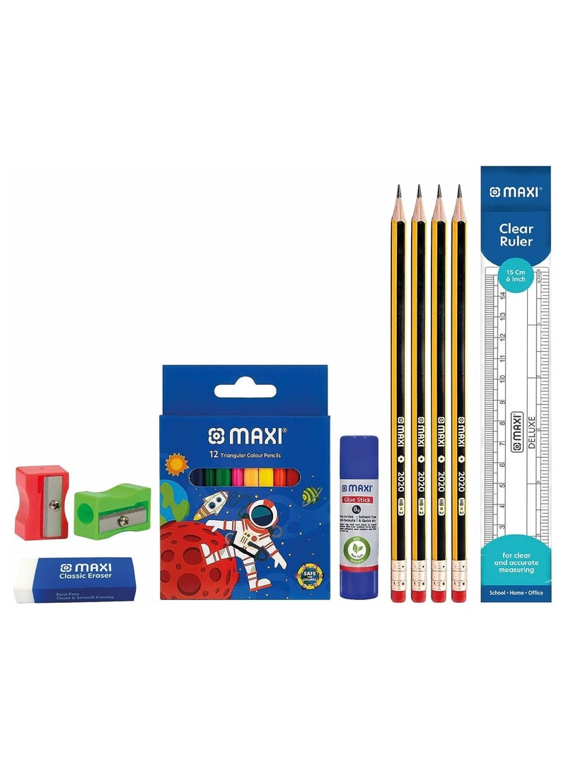 Maxi مجموعة أدوات مكتبية مدرسية أساسية مكونة من 21 قطعة متعددة الألوان - Image 3