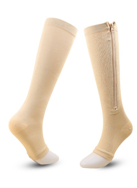 1 Pair Compression Socks for Women & Men with Zipper, Medical Open Toe Calf Knee High Compression Stocking for Walking,Running Circulation Support(beige)