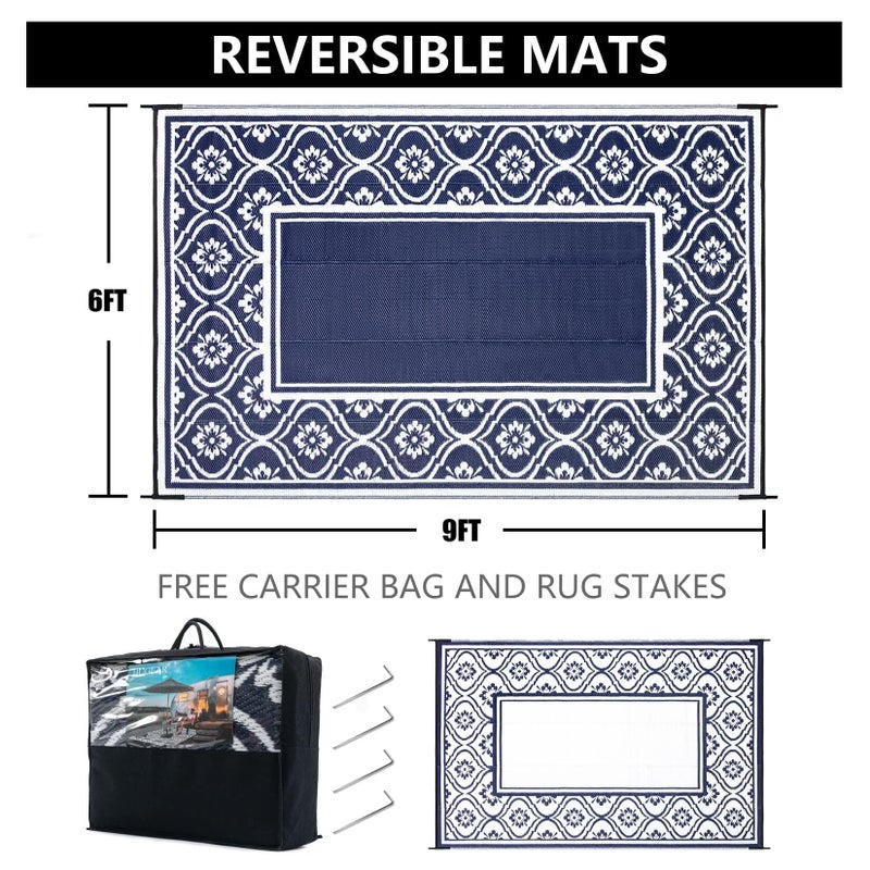 HUGEAR Plastic Outdoor Rug 6'x9' Waterproof Camping Carpet Outside Reversible Area Rug Blue Rugs for RV Deck Entryance Porch Picnic Balcony Beach - Image 2