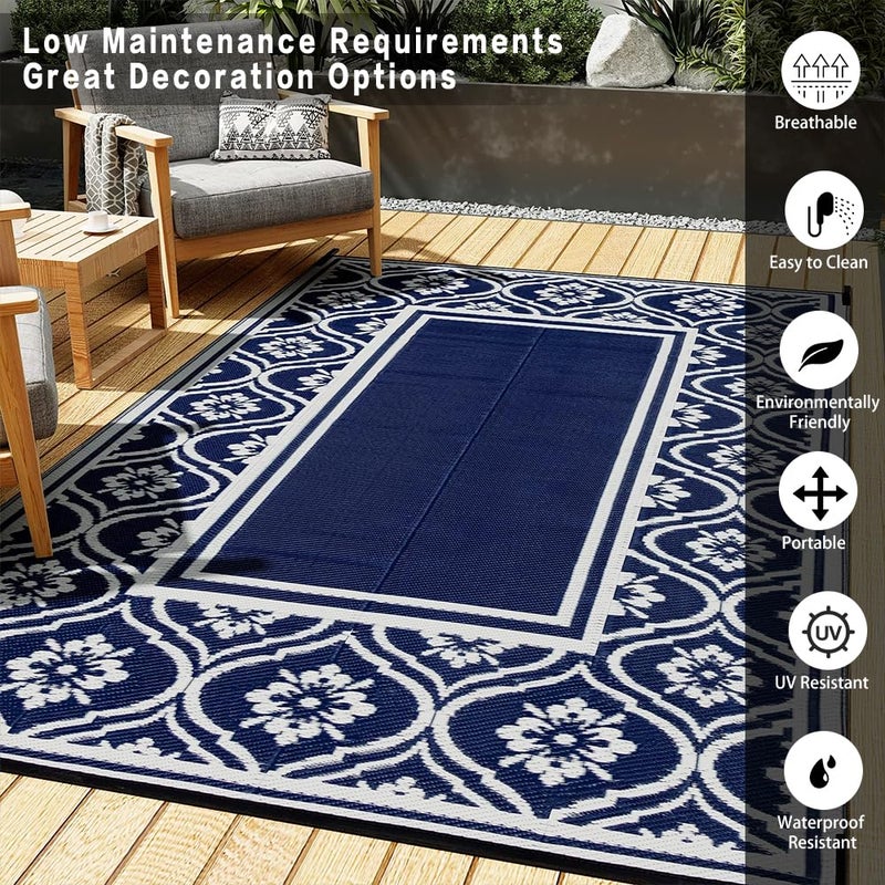 HUGEAR Plastic Outdoor Rug 6'x9' Waterproof Camping Carpet Outside Reversible Area Rug Blue Rugs for RV Deck Entryance Porch Picnic Balcony Beach - Image 5