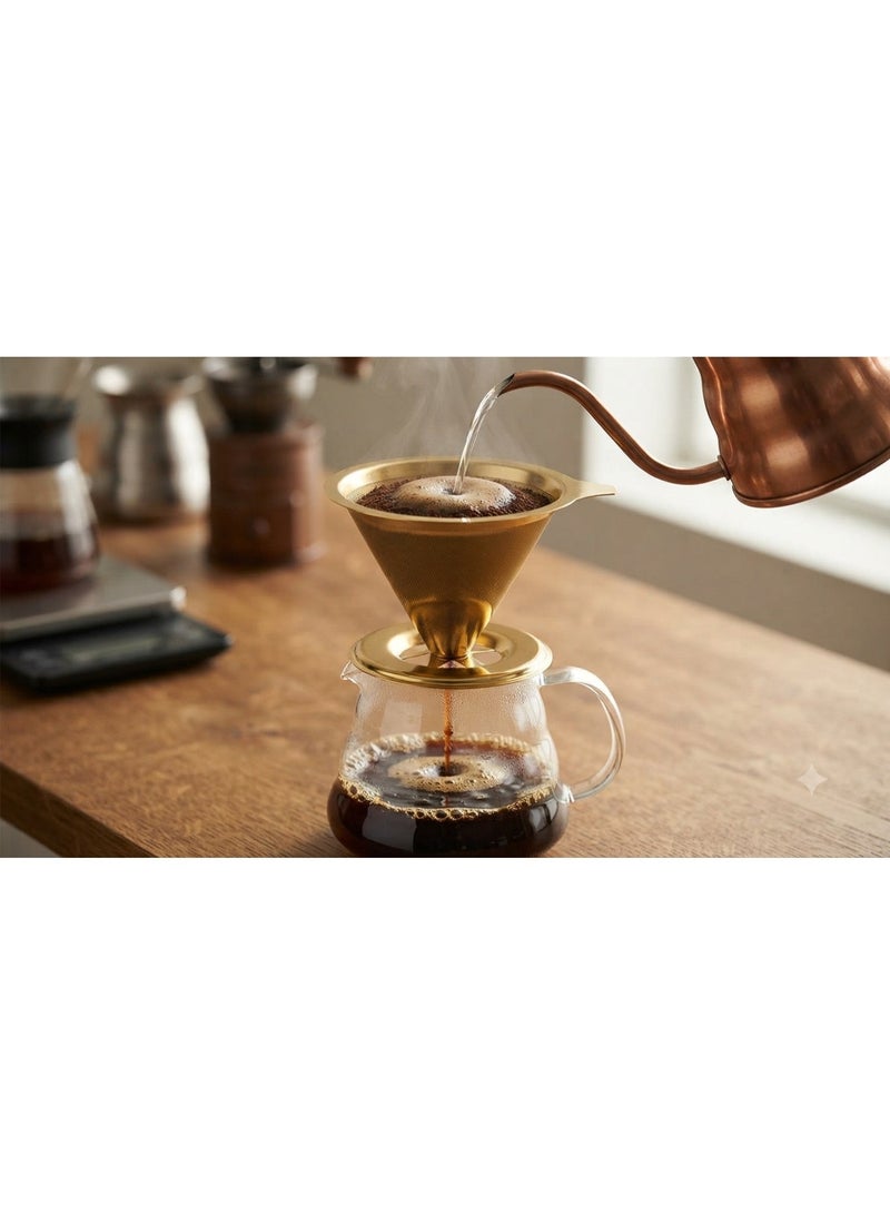Luxury Gold Pour-Over Coffee Dripper with Stand - Reusable Stainless Steel Mesh Filter for Speciality Coffee Brewing - Image 2