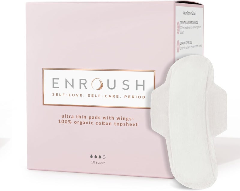 ENROUSH Organic Cotton Pads- Normal, Sanitary, Protection, Hypoallergenic, Breathable, Natural, Absorbent, No Chemicals, No Leaks - 12pcs - Image 1