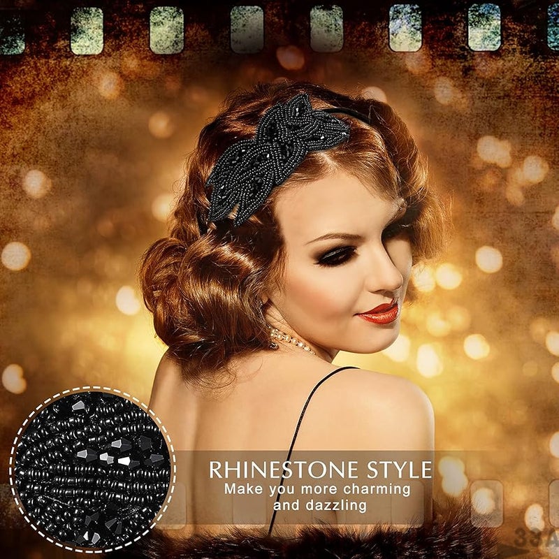 Jutom 1920s Headbands for Women 3 Pieces Black Flapper Headpiece Beaded Leaf 1920s Accessories Valentines (Silver, White, Black) - Image 3