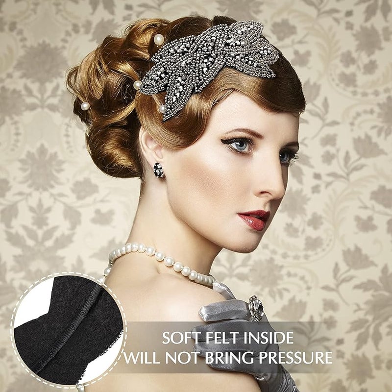 Jutom 1920s Headbands for Women 3 Pieces Black Flapper Headpiece Beaded Leaf 1920s Accessories Valentines (Silver, White, Black) - Image 4