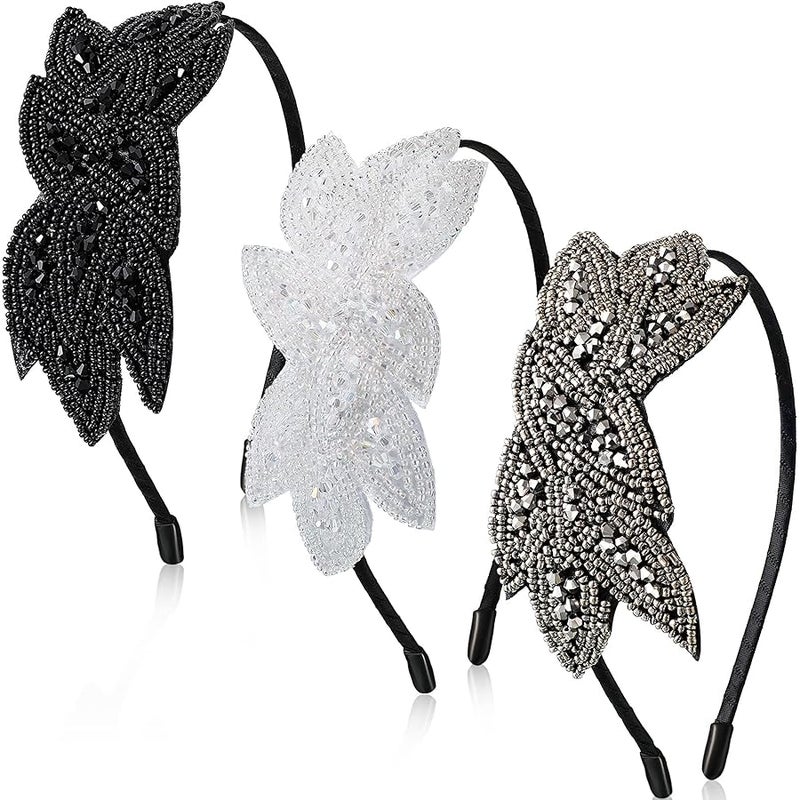 Jutom 1920s Headbands for Women 3 Pieces Black Flapper Headpiece Beaded Leaf 1920s Accessories Valentines (Silver, White, Black) - Image 1