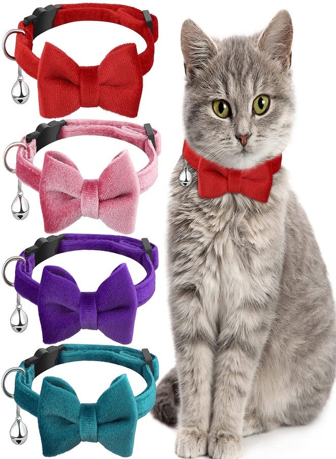 Weewooday 4 Pieces Cat Bow Tie Collar with Bell Breakaway Cat Comfortable Velvet with Cute Safety Pet Collar for Pet Kitten Puppy(Small,Pink, Red, Light Purple, Light Blue) - Image 1